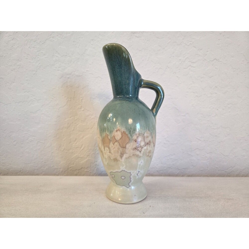 Vintage Pottery Pitcher Aqua Green and Tan Glazed